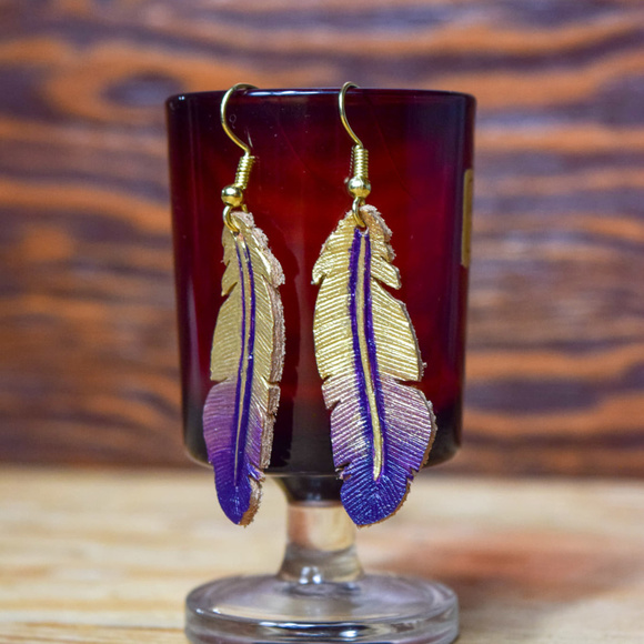 Genuine Leather Feather Earrings in Purple & Gold - Picture 2 of 3